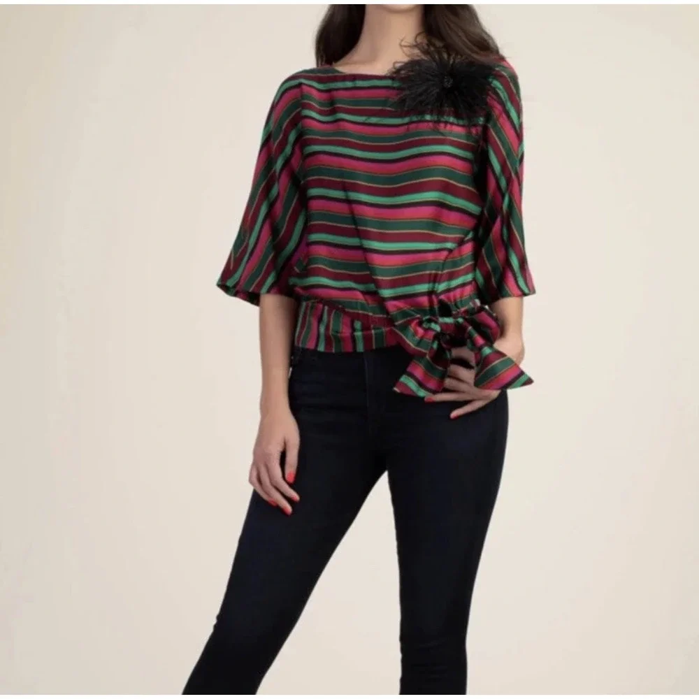 TRINA TURK Women On the Rocks Stripe Boat Neck Top Size S Red Pink Holiday Party - Picture 12 of 12